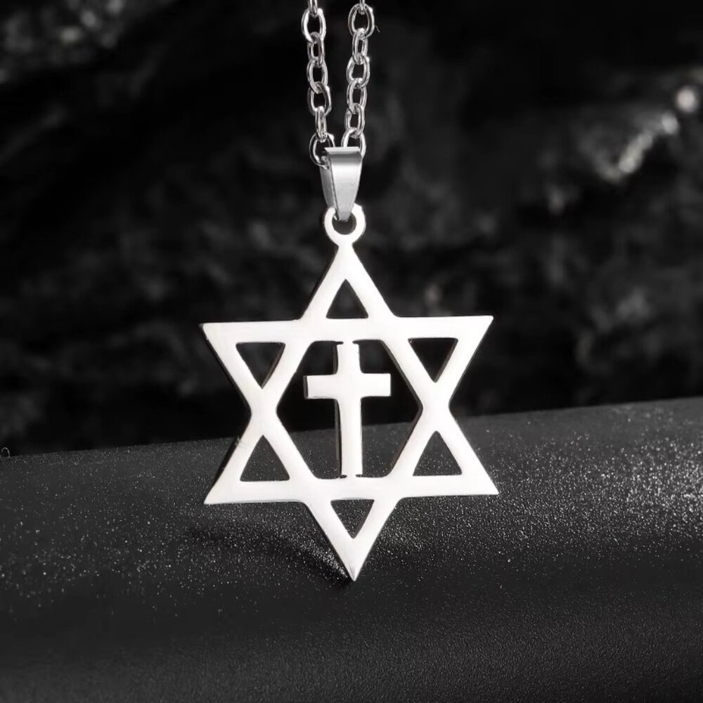 Silver Messianic Star of David, Christian Cross‎ Necklace for Men & Women Gift